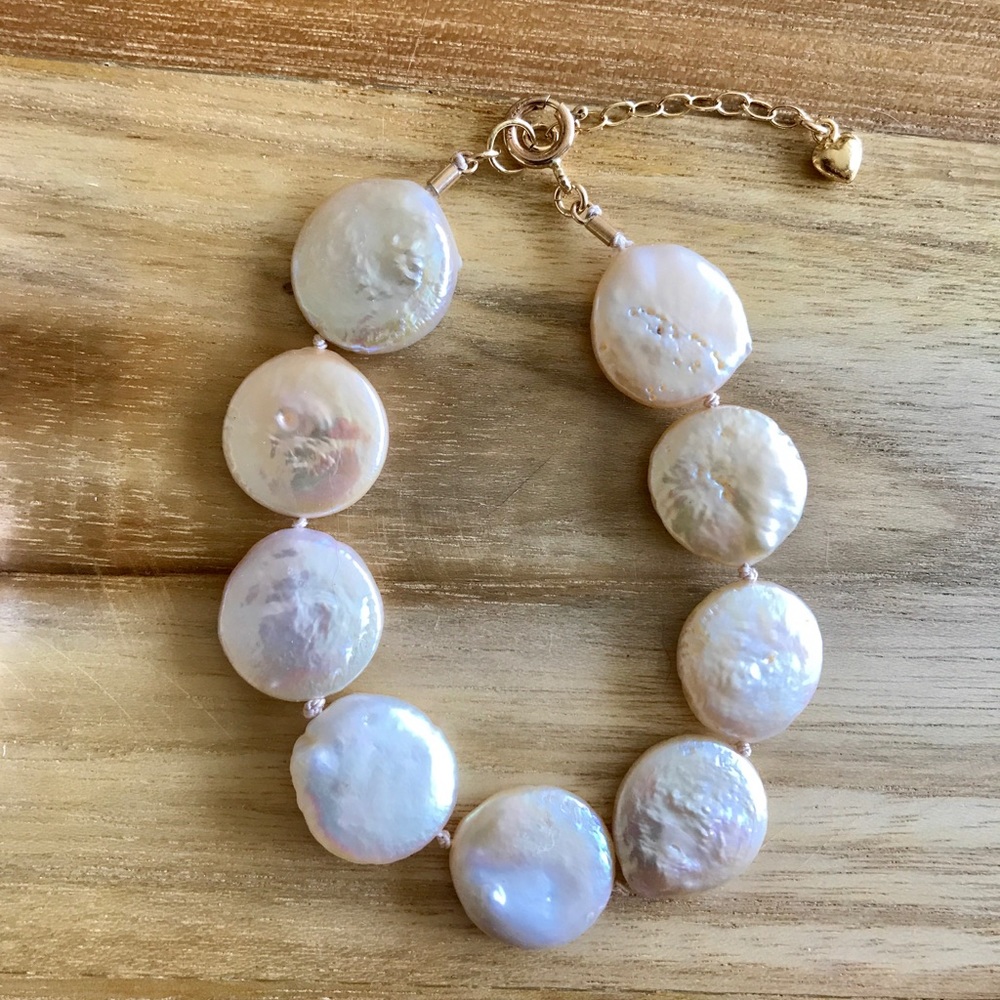 Large freshwater coin pearl bracelet w/14k gold